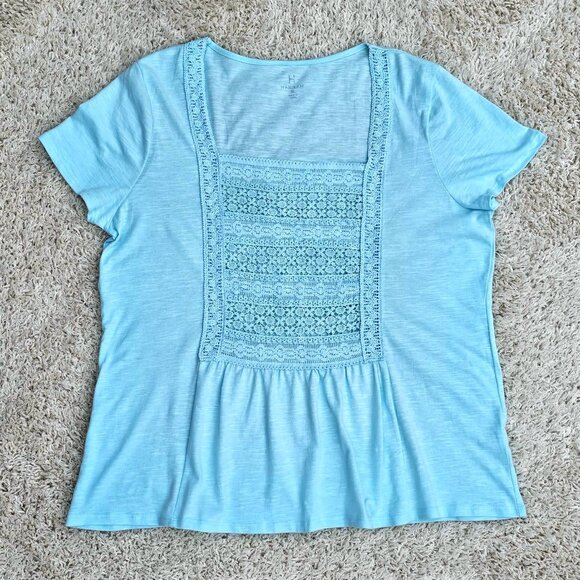 Hannah Top Pastel Aqua Blue, Crochet Lace Front Relaxed Short Sleeve GUC Size XL - Picture 8 of 11